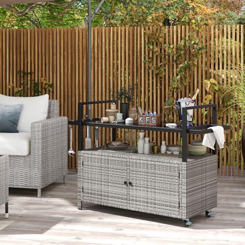 Tangkula-Outdoor-Bar-Cart-Patiojoy-Rolling-Wicker-Buffet-Serving-Cart-with-Tempered-Glass-Top-Storage-Cabinet-8-Hooks-Kitchen-Island-Cart-on-Wheels-for-Porch-Backyard-Garden-Poolside-Mix-Grey Tangkula Outdoor Bar Cart Patiojoy Rolling Wicker Buffet Serving Cart with Tempered Glass Top Storage Cabinet 8 Hooks Kitchen Island Cart on Wheels for Porch Backyard Garden Poolside Mix Grey