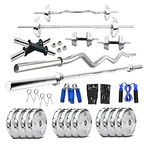 Image of BULLAR Home Gym Set 8kg to 70kg with ez /curl /Straight /Pair of Dumbbell rods, Customize Your own Exercise Set with Workout Accessories (25mm 4ft+5ft+Dumbbell rods, Steel, 60 KG)