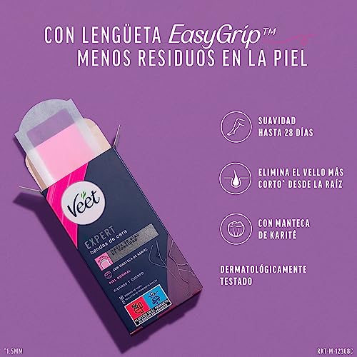Miniatura 2 de Veet Expert Bandas de Cera Fría Depilatoria para Depilación de Piernas y Cuerpo, con Manteca de Karité, 16 tiras (Paquete de 2)