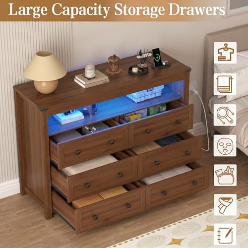 Image of Wodeer Dresser 6 Drawer Dressers for Bedroom with LED Lights, Charging Station, Wood Chest of Drawers with Metal Handles, Modern TV Stand Storage Cabinet for Living Room, Hallway, Entryway, Walnut
