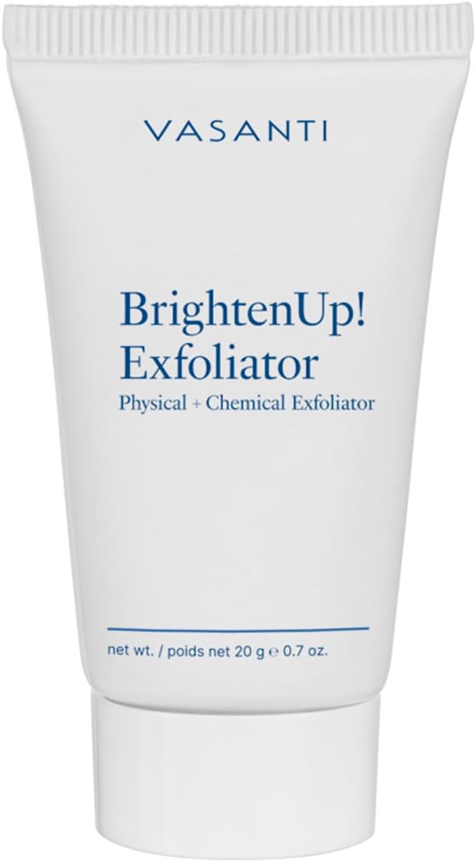 VASANTI BrightenUp! Exfoliator (20g) | Physical + Chemical Facial Exfoliator Scrub with Instant Results for Soft, Smooth and Radiant Skin | Enriched with Papaya, Microcrystals and Aloe | 99% Natural