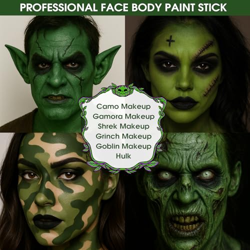 Image of BADCOLOR Green Face Body Paint Stick, St Patrick's Day Blendable Eye Black Deep Green Face Painting Kit for Sports Camo, Halloween SFX Makeup Cosplay Joker Zombie Vampire Costume Parties