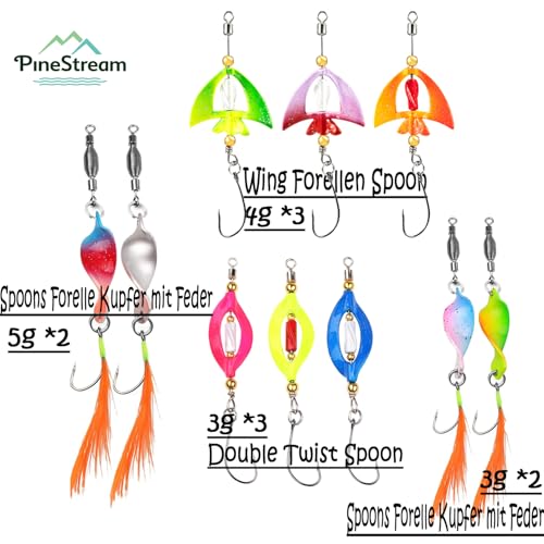 NEUHEIT Twist UV-Aktive Spoons Forelle Set 10 Stück| PineStream Forellen Köder 3g, 4g, 5g in Einer Spoonbox | UL Forellen Angeln Barsch Köder Spoon Set Forellenköder Angelzubehör Forelle