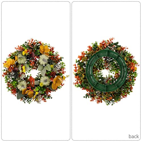 Coronas de decoraciones de puertas con calabazas verdes y eucalipto 8