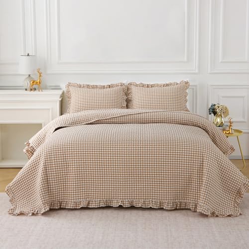 K MASANIJI Taupe White Ruffle Gingham Quilt Set Queen Size with Pillow Shams 100% Washed Cotton Yarn-Dyed Quilted Bedspread Bedding Set (Taupe Queen)