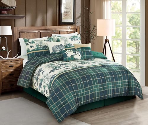 Chezmoi Collection Basin 7-Piece Northwest Cabin Lodge Comforter Set - Blue Green Ivory Tan Grizzly Bear Pine Tree Wilderness Printed Microfiber Bedding, California King