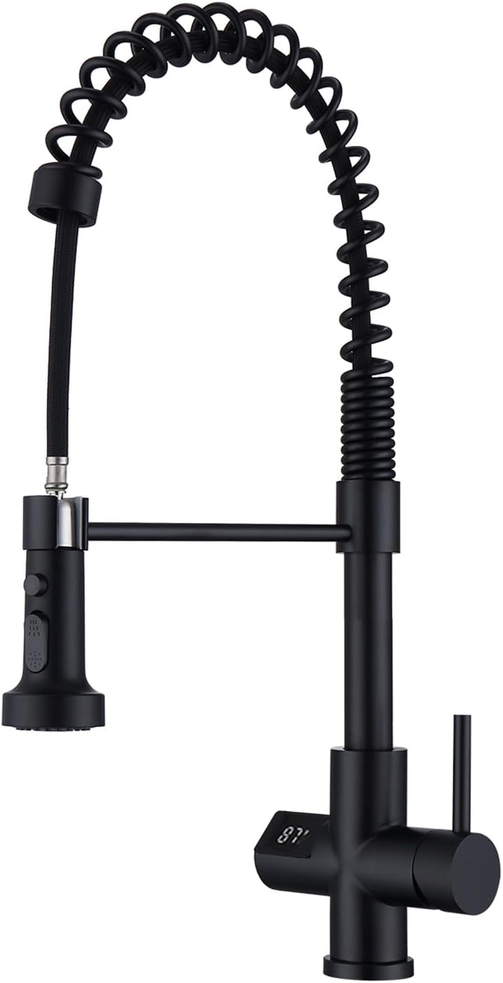 Kitchen Faucet with Temperature Digital Display, Solid Brass Kitchen Sink Faucets with Pull Down Sprayer and 3 Modes, 360 Rotatable Pull Out Kitchen Faucet, Matte Black