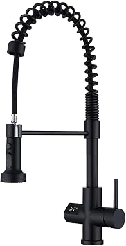 Kitchen Faucet with Temperature Digital Display, Solid Brass Kitchen Sink Faucets with Pull Down Sprayer and 3 Modes, 360 Rotatable Pull Out Kitchen Faucet, Matte Black
