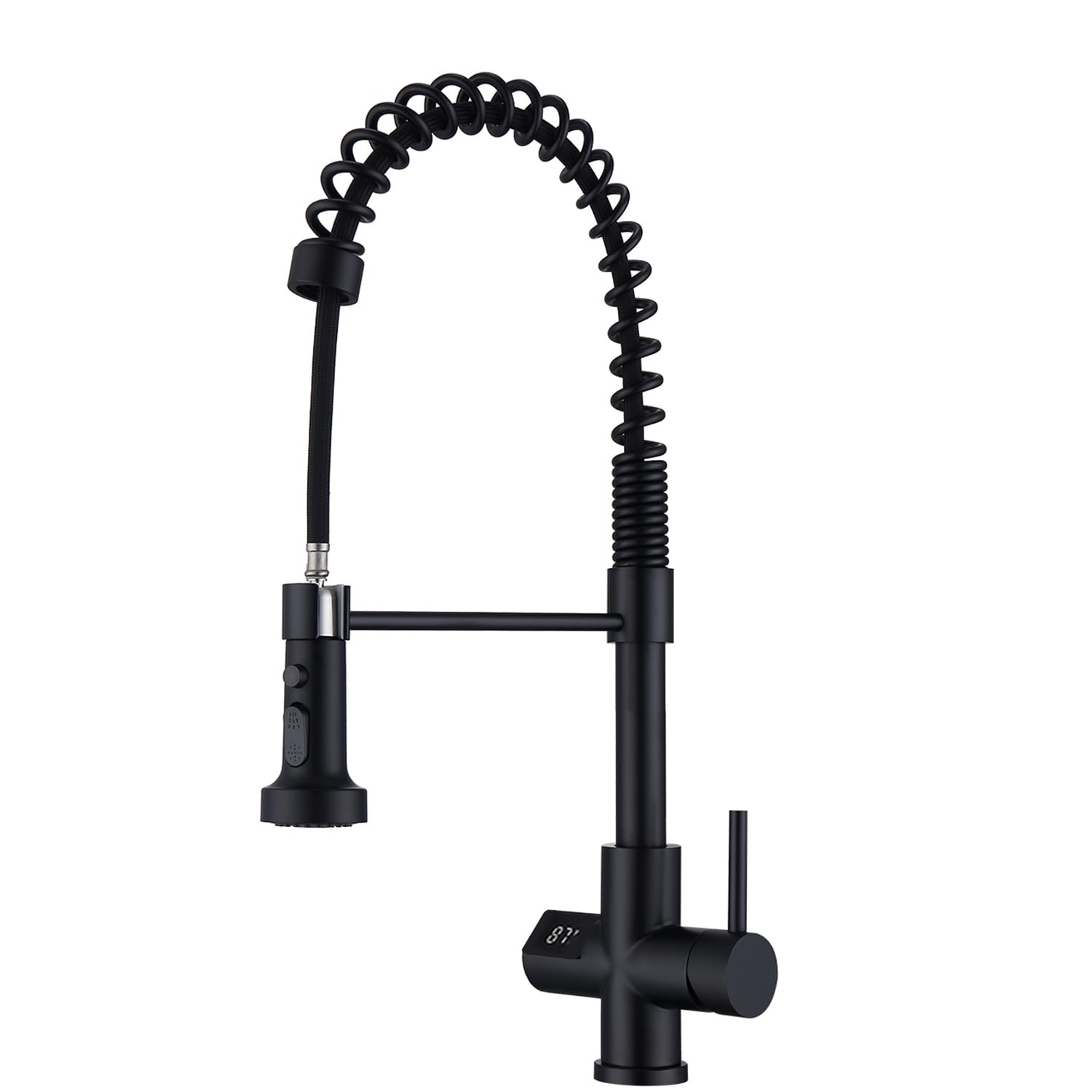 GICASADigital Kitchen Faucet with Pull-Down Sprayer, Matte Black, Solid Brass, Single Hole, 360° Swivel Hose, Temperature Display