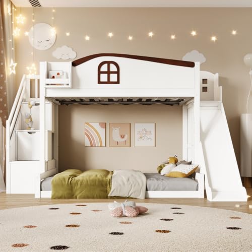 RuiSiSi Twin Over Full House Bunk Bed with Slide &