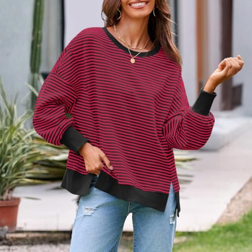 Striped Sweatshirt for Women Crewneck Long Sleeve Split Pullover Tunic Tops - image 3