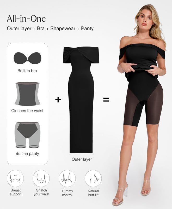 Image of Popilush Off The Shoulder Maxi Dress Wedding Guest Formal Dresses for Women Sleeveless Bodycon Long Shapewear Prom Dress