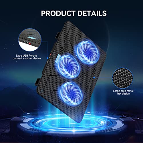 Tecknet Laptop Cooling Pad, Portable Slim Quiet Usb Powered Laptop Notebook Cooler Cooling Pad Stand Chill Mat With 3 Blue Led Fans, Fits 12-17 Inches (Black) #TOP3