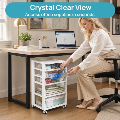 Image of Vtopmart Plastic Drawer Storage Rolling Cart with Wheels, 5-Tier Drawer Organizer for Art Crafts Supplies, Home Office Supplies, Toys, Under Desk Storage for Office, Craft Room, Bedroom, Classroom