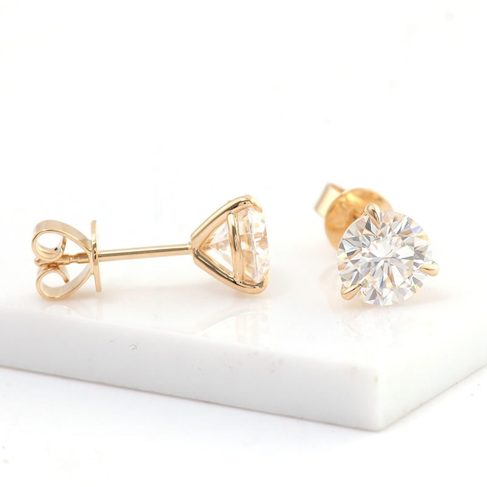 Gold Ohrringe 375/585 / 750 Damen, 3 Zinken Rund mit Moissanit, Hochzeit Damen Ohrringe Gold