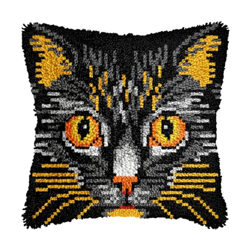 Image of bositigo Cat Latch Hook Pillow Kit for Adults & Kids, DIY Pre-Printed Canvas Craft, 17x17 Inch Decorative Cover for Sofa Cushions, Bedroom Decor (Cat Pattern 48)