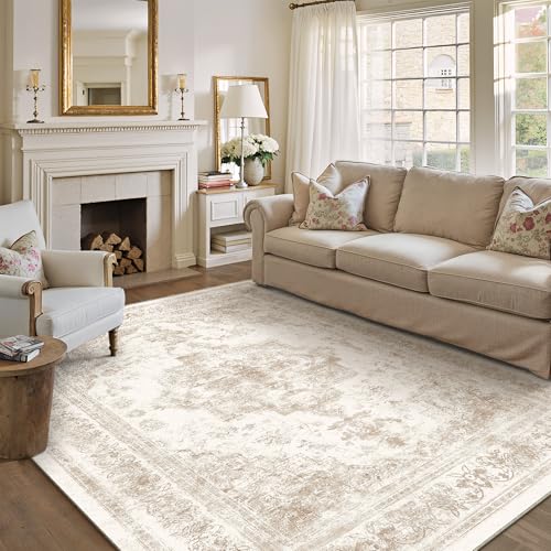 Area Rug 9x12 Cream Washable Living Room Beige Carpet Non Slip Vintage Medallion Indoor Bedroom Beige Carpet Low Pile Soft Retro Distressed Large Rug Home Office Dining Room Playroom