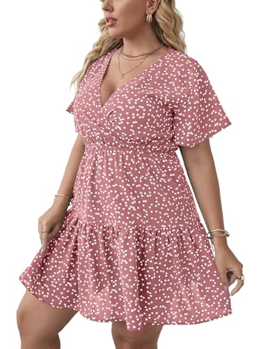 Image of Floerns Women's Plus Size Summer Vacation Wrap V Neck Short Sleeve Ruffle Hem A Line Hawaiian Short Dress