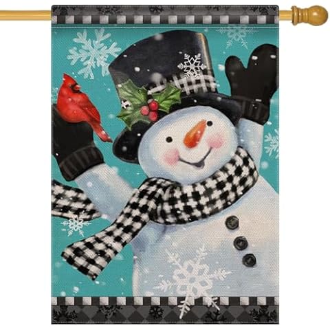Furiaz Winter Snowman Cardinal Red Bird Large Decorative House Flag, Garden Yard Black White Plaid Check Top Hat Snowflake Home Outside Decoration, Christmas Farmhouse Outdoor Decor Double Sided 28x40 Cover