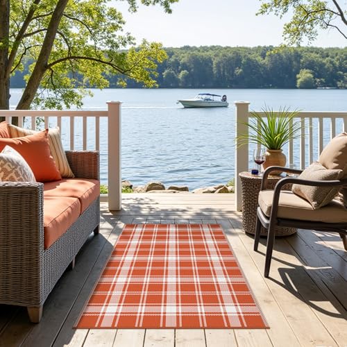 Image of GENIMO Fall Decor Outdoor Rug 3'x5' for Porch Plastic Door Mat Orange Plaid | Waterproof Outside Modern Carpet for Patio Decor, Balcony, Porch, Deck, Backyard, Picnic, Camping, RV, Reversible