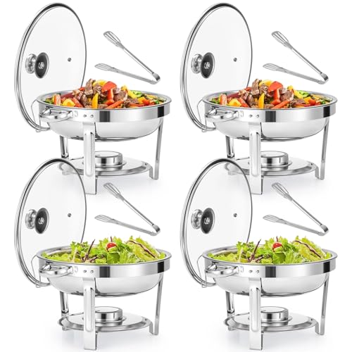 UltraTools 6QT Chafing Dish Buffet,Staineless Steel Food Warmer Buffet,Round Chafing Dish Buffet Set with Glass Lid & Lid Holder & Food Tongs for Parties Events,Pack of 4