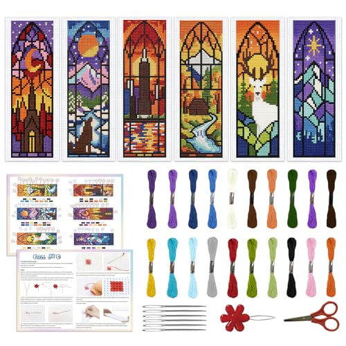 Image of ACRNIGHEET 6PCS Cross Stitch Kits Stamped Cross Stitch Bookmark Kit for Beginner Adults Window View DIY Embroidery Bookmark Kit Needlepoint Kits with Instructions Book Lovers Craft Gift 8.5''x3'' 11CT