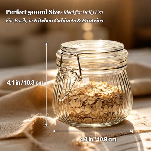 Image of ComSaf Ribbed Glass Jars with Airtight Lids 17oz 6 Pack Wide Mouth Pickling