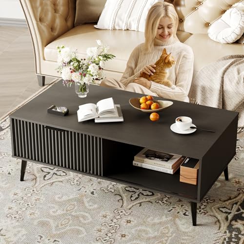 Coffee Table with Storage, Wooden Coffee Tables with Sliding Door and Solid Wood Legs, 2-Tier Cocktail Table, Mid Century Modern Coffee Table for Living Room, Home, Office, Farmhouse, Black