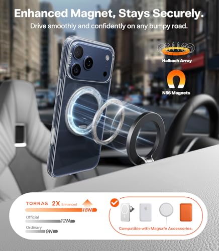 Image of TORRAS 360 Magnetic Stand for iPhone 17 Pro Case, [Fit for MagSafe] [Rotatable Ring Kickstand] [4X Mil-Grade Shockproof] Slim Phone Cover, Camera Button, Crystal Clear, Transparent, Ostand O3 Fitness