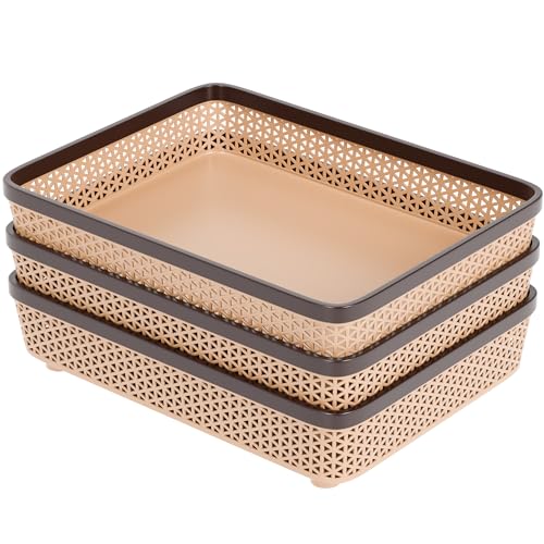 Image of TEX-RO Plastic Trays for Storage Organizer | Multipurpose Tray for Kitchen, Office & Drawer | Storage Tray for Documents, Cosmetics, Stationery | Woven Design Basket - Brown, Pack of 3