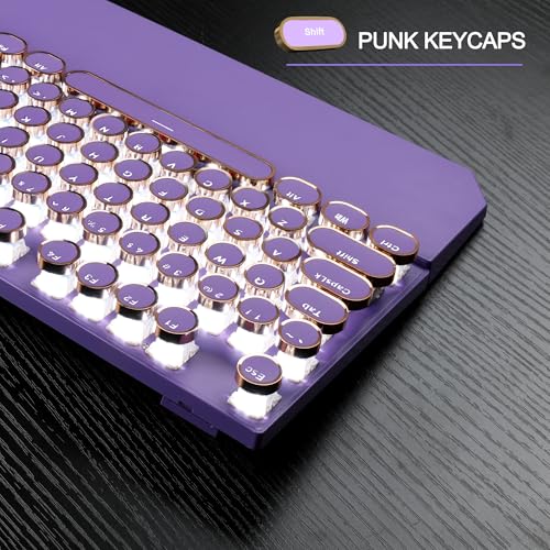 Image of MageGee Typewriter Mechanical Gaming Keyboard, Retro Punk Purple Round Keycaps, 104 Keys LED White Backlit Wired Keyboards for Laptop MAC PC Gamer, with Magnetic Wrist Rest, Blue Switch