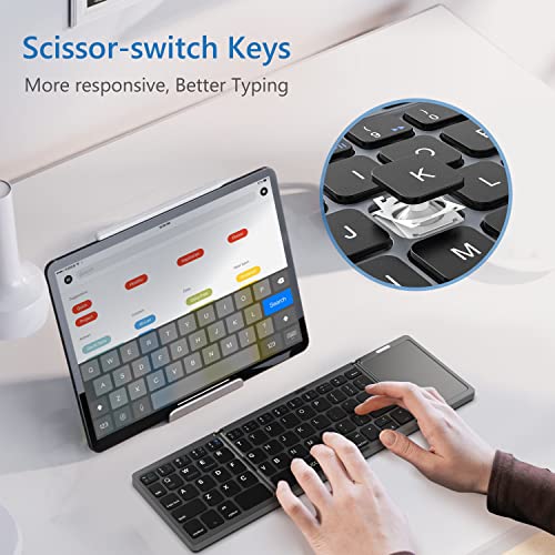 Acoucou Foldable Bluetooth Keyboard With Touchpad Portable Wireless Keyboard (Sync Up To 3 Devices), Rechargeable Ultra Slim Tri-Folding Keyboard For Android Ios Windows Systems - Gray #TOP5