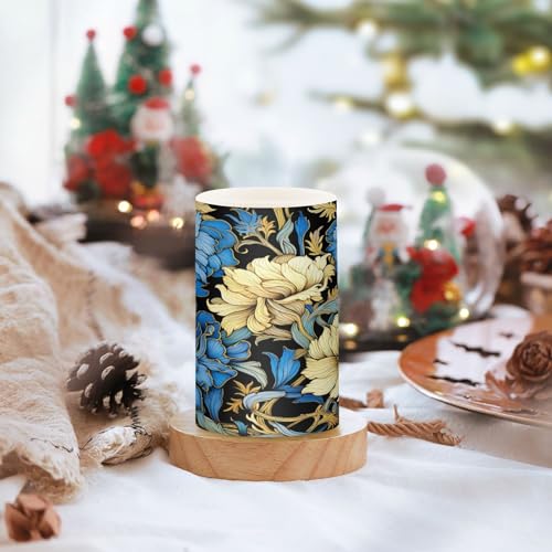 Image of ALAZA Blue Gold Luxury Flowers Flickering Flameless Candles Battery Operated with Remote Timer,Tea Light Candles LED Pillar Votive Candles Set of 2 for Outdoor Indoor Decorations