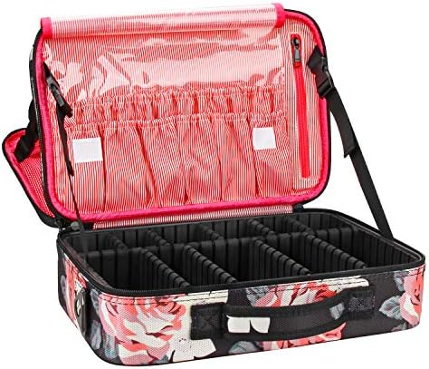 Relavel Makeup Bag Travel Makeup Train Case 13.8 inches Large Cosmetic Case Professional Portable Makeup Brush Holder Organizer and Storage with Adjustable Dividers and Shoulder Strap(Peony Pattern)