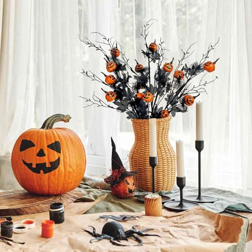 CATCHLUCK Kürbis Dekoration Zweige 5er-Set, Halloween Kunstblumen Kürbis Decorative Herbstdeko Kunstblumen mit Schwarzen Blumen Halloween Party