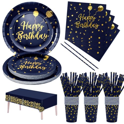 Nkaiso Partygeschirr Kindergeburtstag, 121 Pieces Marineblaugold Einweggeschirr Set mit Einwegteller Becher Servietten Geburtstag Mädchen Geburtstagsdeko für Party Geburtstag -24 Gäste