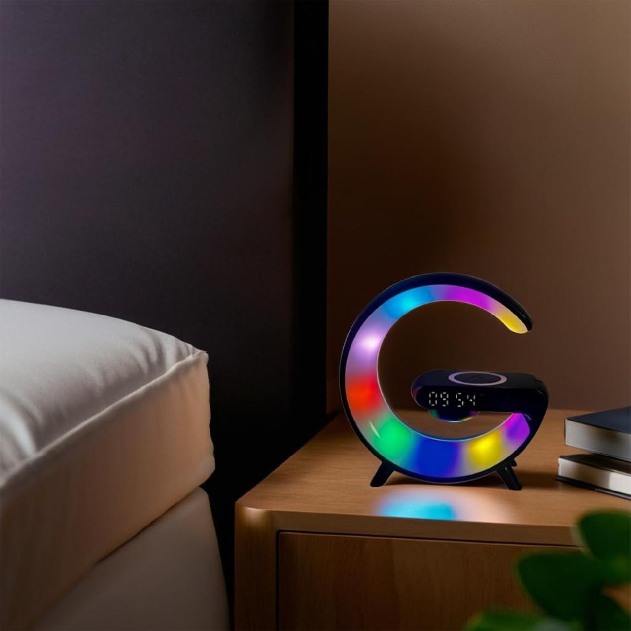 OrionMart Alarm Clock G Shaped Bedside Lamp Wireless Charger & Speaker - Color Changing Table Lamp Night Light - Premium Gift Idea - Image 3