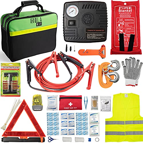 HolaKit Premium Car Roadside Emergency Assistance Kit, Auto First Aid Emergency Kit, Heavy Duty Jumper Cables Car Kit, Car Safety Kit, Road Trips Essentials for Women with Tire Inflator, Fire Blanket