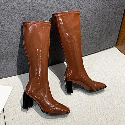Stylish Plain Thick High Heel Patent Leather Zip Back Boots3