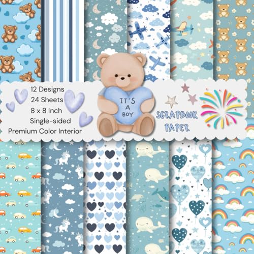 8 x 8" It's A Boy Scrapbook Paper: Colorful Sweet Decorative Sheets for DIY Crafts, Journaling, Albums, Invitations, Gift-wrapping: Premium Color Interior, Single-sided, 12 Designs, 24 Sheets image 2