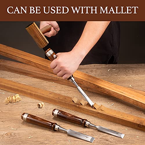 Topec 6 Pieces Wood Chisel Tool Sets - Vanadium Steel Blade and High Impact Walnut Handle with Wooden Storage Case Chisel Kit for Woodworking, Carving