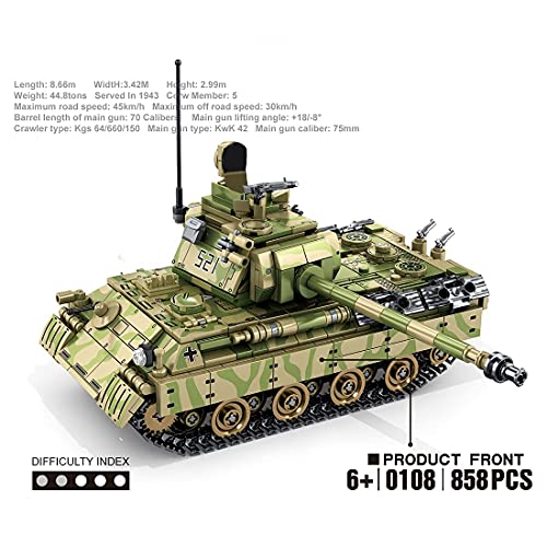ZRY Panzer Modellbausatz, 858 Teile des WW2 Medium Panther Panzer Nr. 5 Erwachsene Hauptkampfpanzer Bausteine Kompatibel… – Bild 4