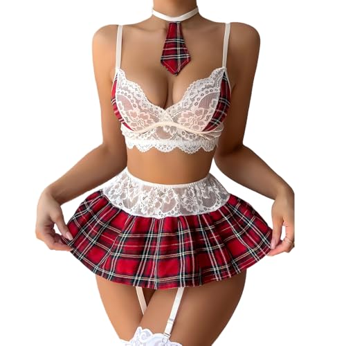 ZDQC 5 Teiliges Cosplay Kostüm für Studentenuniform Schulmädchen Dessous Set für Damen Sexy Roleplay Reizwäsche mit kariertem Mini-Faltenrock Crop-Top & Krawatte Clubwear Unterwäsche (M)