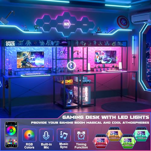 Image of Cyclysio Gaming Desk with Hutch, 47'' Computer Desk with LED Lights & Power Outlets, Home Office Desk with Reversible 5 Tiers Storage Shelves & Monitor Stand, Small Gaming Table for Small Space, Black