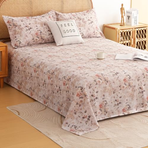 Image of Story@Home King Size Air Cotton Bedsheet 240 TC Flat Sheet with 2 Pillow Covers, Soft & Durable Bed Sheet for King Bed (250 x 270 cm, Floral Print, Ivory Rose)