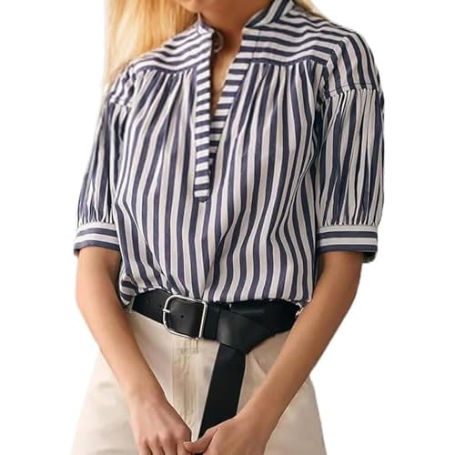 Womens Short Puff Sleeve Striped Blouses Tops of V Neck Loose Fit Casual Summer Shirts Brown Small