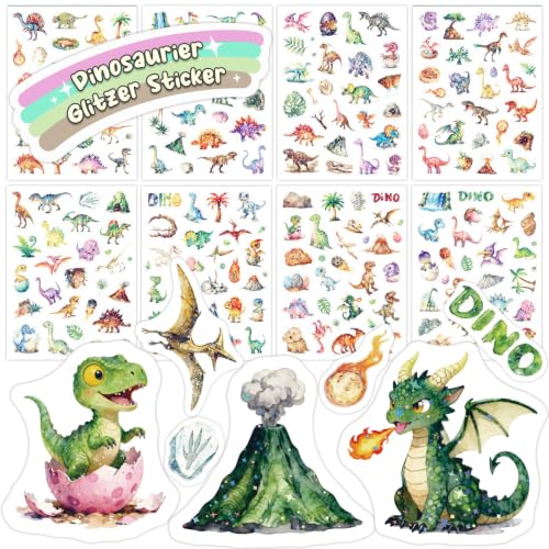 GROFIS Adesivi brillanti per bambini, 8 pezzi, effetto glitter, oltre 200 adesivi con animali