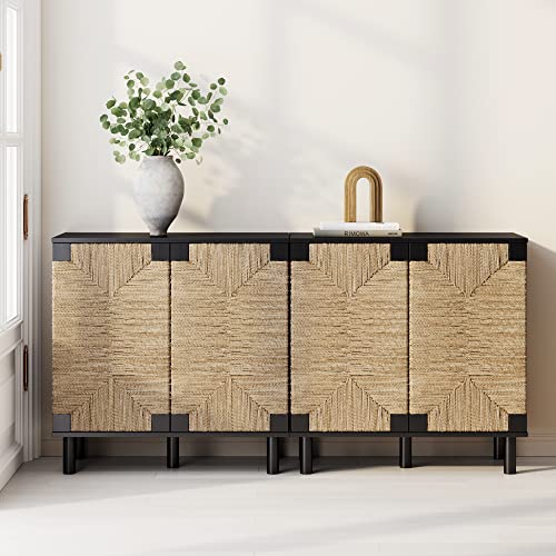 Image of Nathan James Beacon Accent Natural Sideboard Storage Cabinet TV Stand in Wire-Brushed Wood with Adjustable Interior Shelf and Seagrass Doors, for Hallway, Entryway or Dining Room, Black, Set of 2