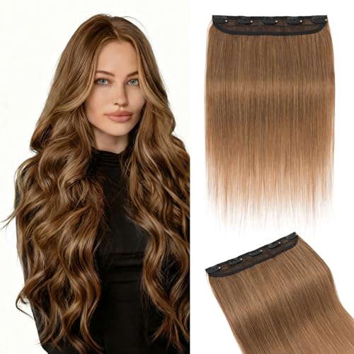 MY LADY Extensión de Pelo con Clip 1 Pieza para Volumen 3/4 de Cabeza, 45cm Extensión Clip de Pelo Natural con 5 Clips, #06 Marrón Claro 50g
