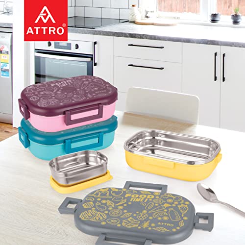 Image of Attro Food Time Stainless Steel Lunch Box, Airtight & Leak Proof - 2 Containers with Spoon (Big 750 Ml & Small 250 Ml) for Office Use, School, Picnic - Grey & Yellow